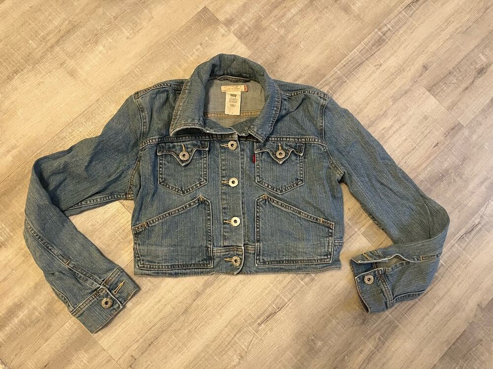 VTG Y2K LEVI'S Crop Trucker Jean Jacket LEVI STRAUSS Retro Classic Blue Denim L